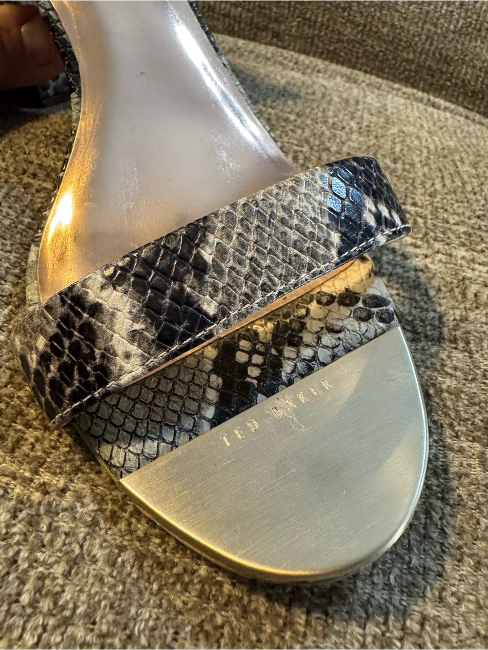 Ted Baker Black/Gray Snake Skin adjustable ankle strap block heel Size 9.5  40.5 - Picture 8 of 15